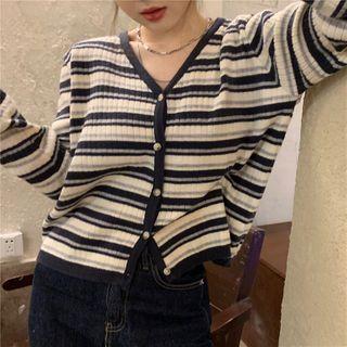 V-neck Striped Knit Cardigan Blue - One Size