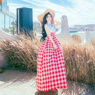 Sleeveless Check Panel Maxi Dress