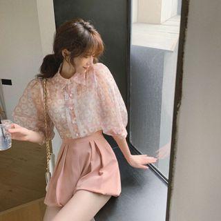 Puff-sleeve Floral Print Organza Shirt