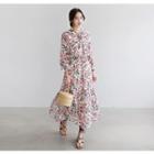 Inset Scarf Gathered-waist Floral Long Dress