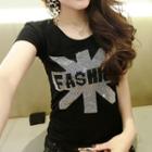 Short-sleeve Rhinestone Letter T-shirt