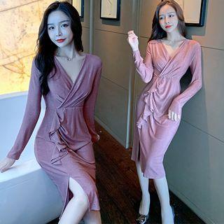 Long-sleeve Plain V-neck Bodycon Dress