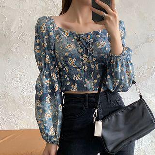 Puff-sleeve Floral Print Blouse Blue - One Size