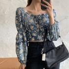 Puff-sleeve Floral Print Blouse Blue - One Size