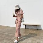 Flap-pocket Cotton Shirtwaist Jumpsuit Pink - One Size