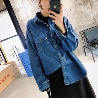 Mock Two-piece Denim Long-sleeve Blouse