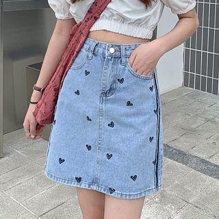 High Waist Heart Embroidered Denim A-line Skirt