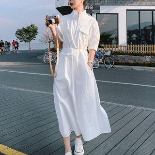 Puff Sleeve Mock Neck Zip-up Midi Shirtdress