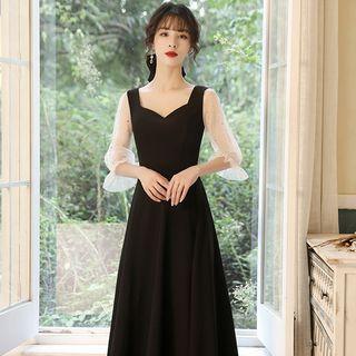 Elbow-sleeve Mesh Panel Midi A-line Cocktail Dress