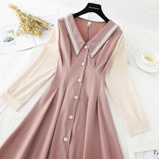 Lace Trim Collared Midi A-line Dress