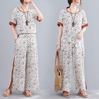 Set: Short-sleeve Floral Print T-shirt + Wide Leg Pants