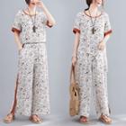 Set: Short-sleeve Floral Print T-shirt + Wide Leg Pants