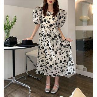 Puff-sleeve Floral Print Midi Smock Dress Black Flowers - White - One Size