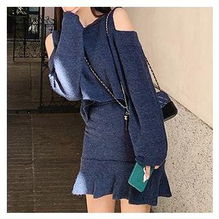 Set: Long-sleeve Cold Shoulder Knit Top + Frill Trim Mini Skirt