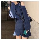 Set: Long-sleeve Cold Shoulder Knit Top + Frill Trim Mini Skirt