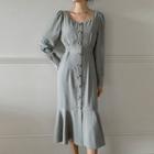 Square-neck Tie-waist Ruffled Long Dress