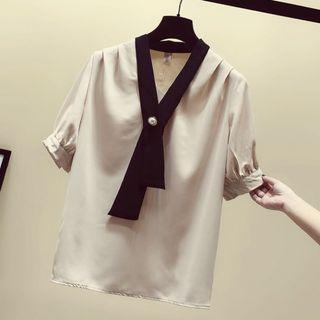 Short-sleeve Tie-neck Chiffon Top