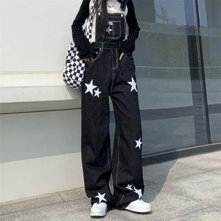 Star Print Wide Leg Denim Dungarees