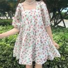 Puff-sleeve Floral Strawberry Print Mini A-line Dress Red Strawberry - White - One Size