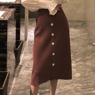 Midi Buttoned A-line Knit Skirt