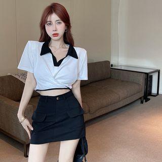Padded-shoulder Wrapped Crop Polo Top / High-waist Denim Skort
