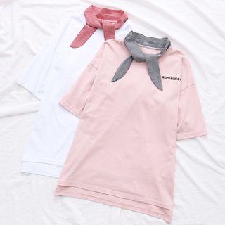 Tie-neck Short-sleeve Lettering T-shirt
