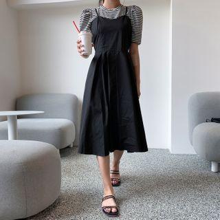 Set: Midi Sundress + Puff-sleeve Stripe T-shirt Black - One Size