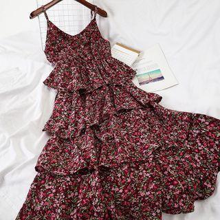 Spaghetti Strap Layered Floral Midi A-line Dress