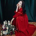 3/4-sleeve Lace-trim Midi A-line Dress