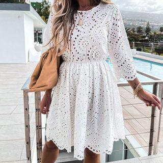 Elbow-sleeve Plain Cut-out Mini Dress