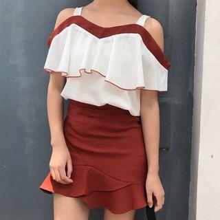 Set: Cold-shoulder Ruffle Blouse + High-waist Ruffle Hem A-line Skirt