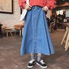 Buttoned A-line Midi Denim Skirt