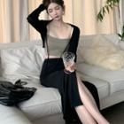 Long-sleeve Cardigan / Cropped Top / Side-slit Skirt