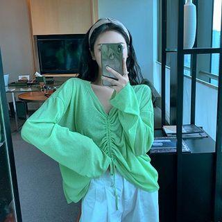 Plain V-neck Drawcord Long-sleeve Light Top