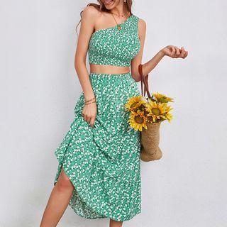 Set: One-shoulder Floral Print Crop Blouse + Midi A-line Skirt