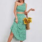 Set: One-shoulder Floral Print Crop Blouse + Midi A-line Skirt