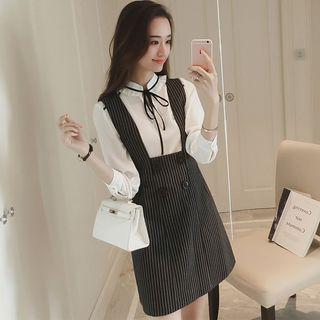 Set: Chiffon Blouse + Pinstriped Pinafore Dress