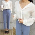 V-neck Long-sleeve Linen Top