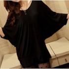 Dolman-sleeve Lace Panel Top Black - One Size