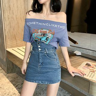 Printed Off-shoulder Short-sleeve Top Purple - One Size