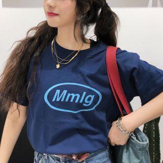 Loose-fit Short Sleeve Lettering T-shirt Dark Blue - One Size