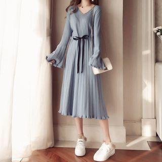 V-neck Flared-sleeve Midi Knit Dress