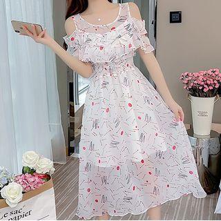 Short-sleeve Cold Shoulder Print A-line Dress