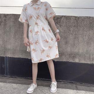 Short-sleeve Deer Print A-line Shirtdress Almond - One Size