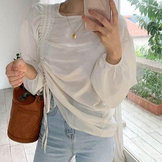 Long-sleeve Drawstring Blouse Milky White - One Size