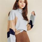 Mock-neck Color-block Sweater Sky Blue - One Size