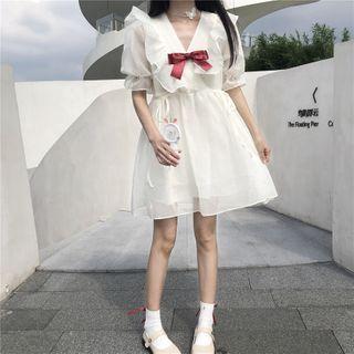 Balloon-sleeve Bow A-line Mesh Dress