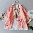 3/4-sleeve Embroidered Frog-button Linen Jacket