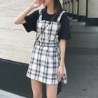 Mock Two-piece Plaid Belted A-line Dress