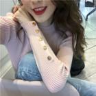 Buttoned Long-sleeve Slim-fit Knit Top